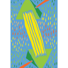 blue background with bright green arrow and multi colored raindrops