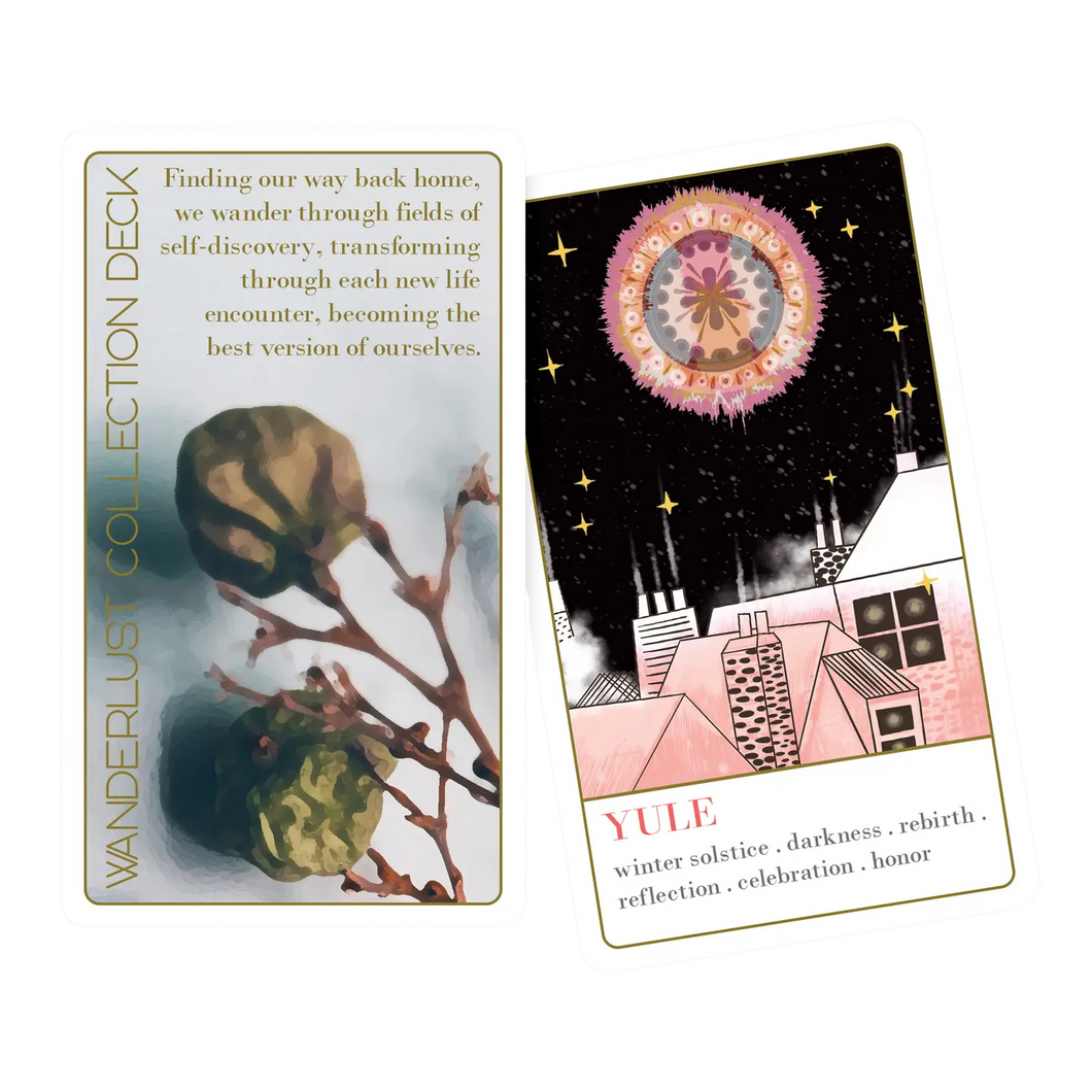 oracle cards sharing Yule in pink and black with a wintery nighttime scene -darkness, rebirth, reflection, celebration and honor