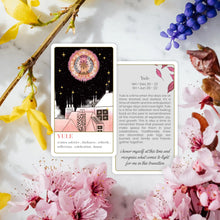 marble table top with coloful flowers and the yule card sharing more information on the celebration of this sacred event