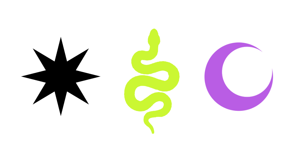 black star, green snake, purple crescent moon