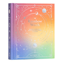 book cover in rainbow ombre with silver letting and celestial symbols 