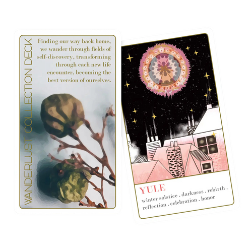 oracle cards sharing Yule in pink and black with a wintery nighttime scene -darkness, rebirth, reflection, celebration and honor 