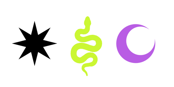 black star, green snake, purple crescent moon