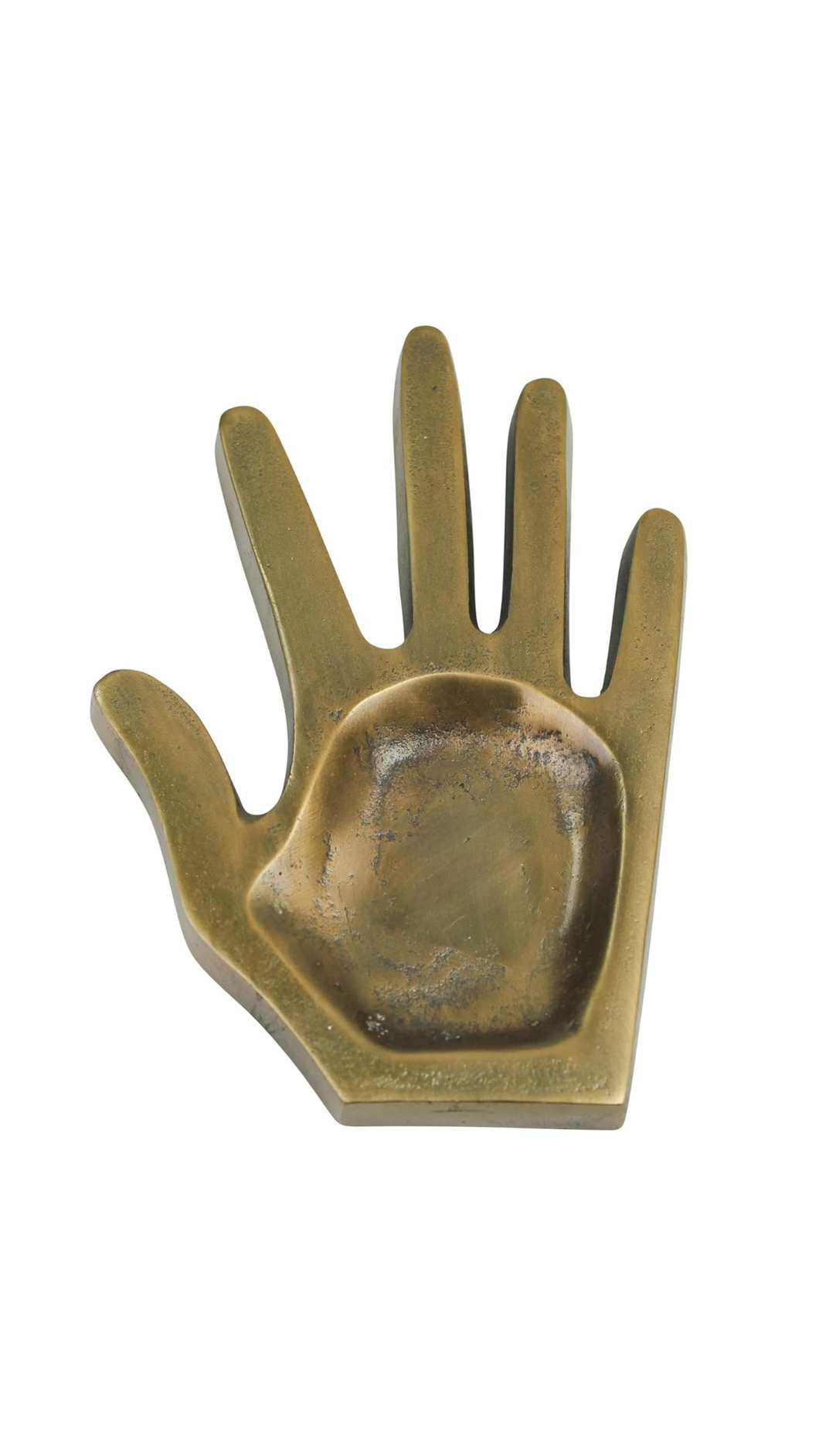 Stylish brass hand-shaped tray, serving as a catch-all or ashtray, featuring intricate detailing and a polished finish