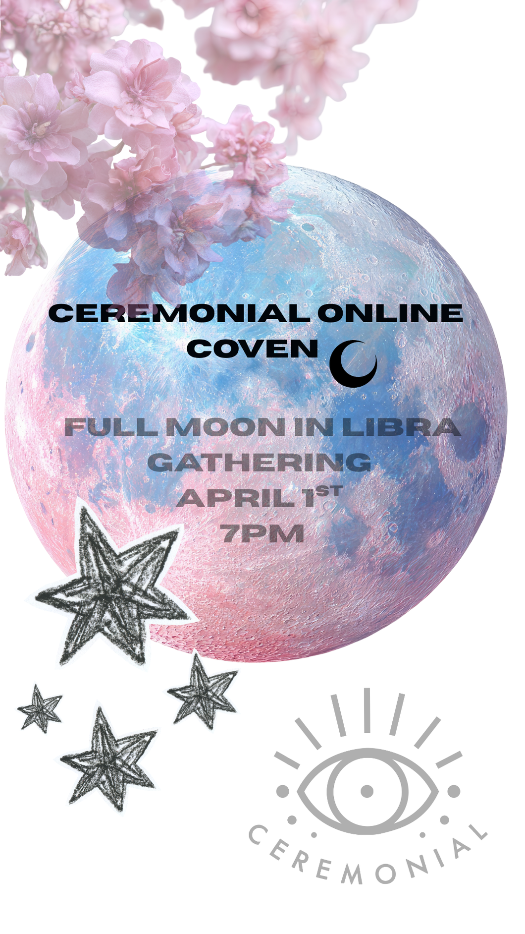 pink moon with cherry blossoms and stars