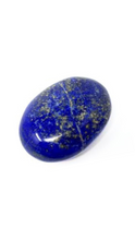 Flat lapis lazuli palm stone, featuring deep blue hues with golden pyrite flecks