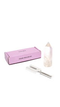 Sound healing tuning fork, rose quartz point, and box