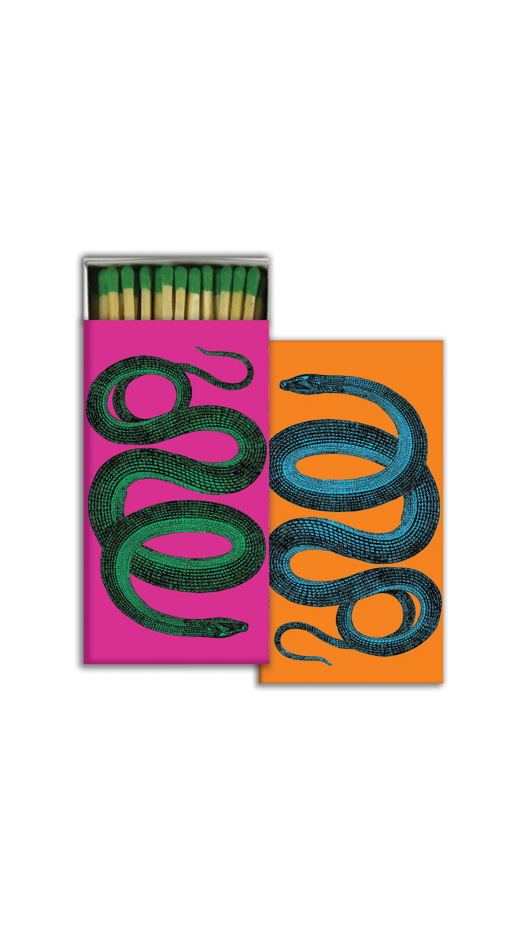 Long matches in vibrant color boxes featuring a snake design