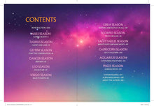 image of space in purple, teal and peach with stars and the contents of the book by zodiac sign 