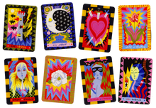 A spread of eight Gentle Thrills tarot cards, the art is abstract, modern, unique and the colors are vibrant and bold.